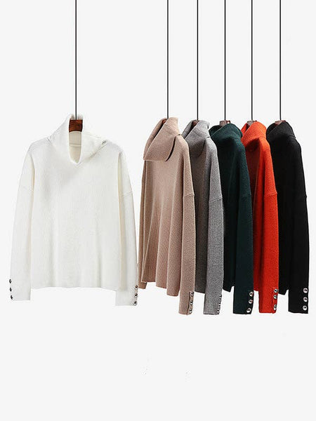 Casual Loose Solid Color High-Neck Long Sleeves Knitwear: WHITE / S