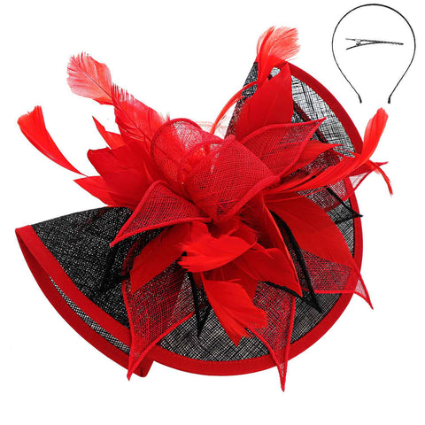 Two Tone Folded Fascinator with Headband and Clip: Red