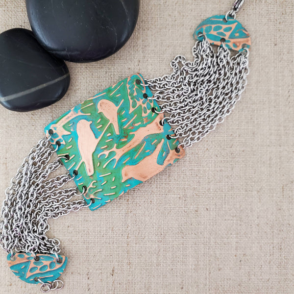 Embossed Bird Paint Patina Multi Chain Copper Bracelet: Navy