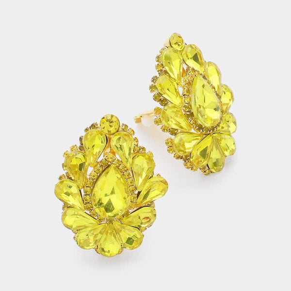 Teardrop Crystal Cluster Clip on Evening Earrings: Royal Blue