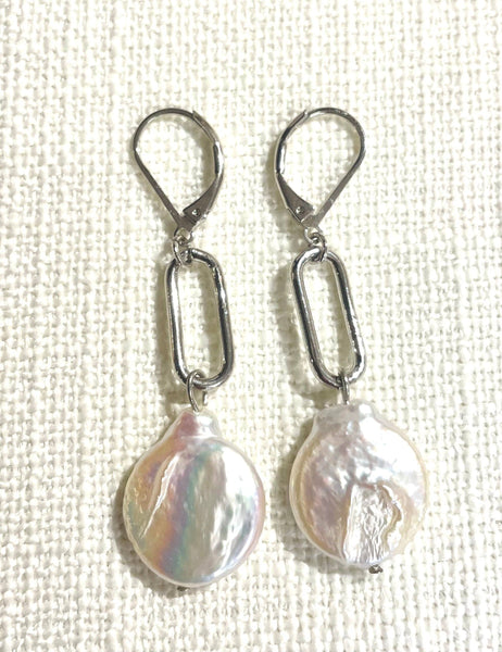Paperclip and Coin Pearl Drop Dangle Earrings: Gold