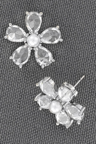 Cubic Zirconia And Pearl Flower Stud Earrings