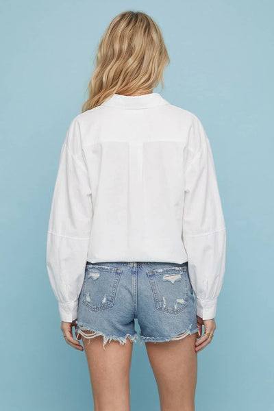 WHITE BALLOON SLEEVED TWILL WOVEN BUTTON DOWN BLOUSE 1594TIA: M