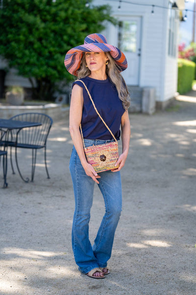 Crochet Straw Crossbody Bag with Flower