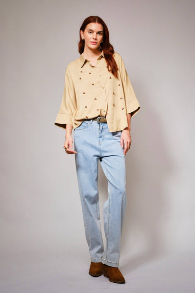 36901T - Hi-Low Pearl Embellished Chambray Top: MED WASH / S