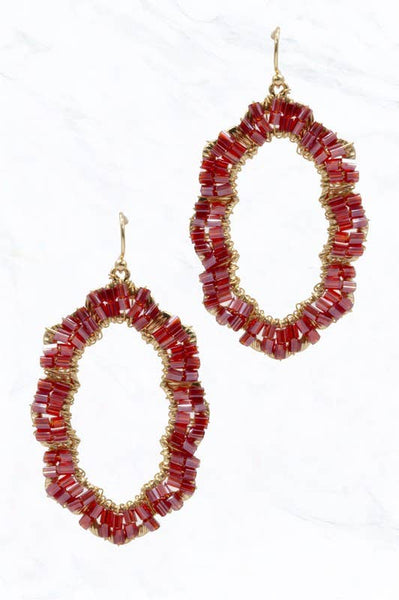 Crimson Beaded Hoop Earrings: Burgundy