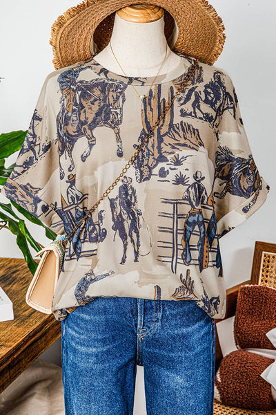 Cowboy Print Cuffed Sleeve T Shirt