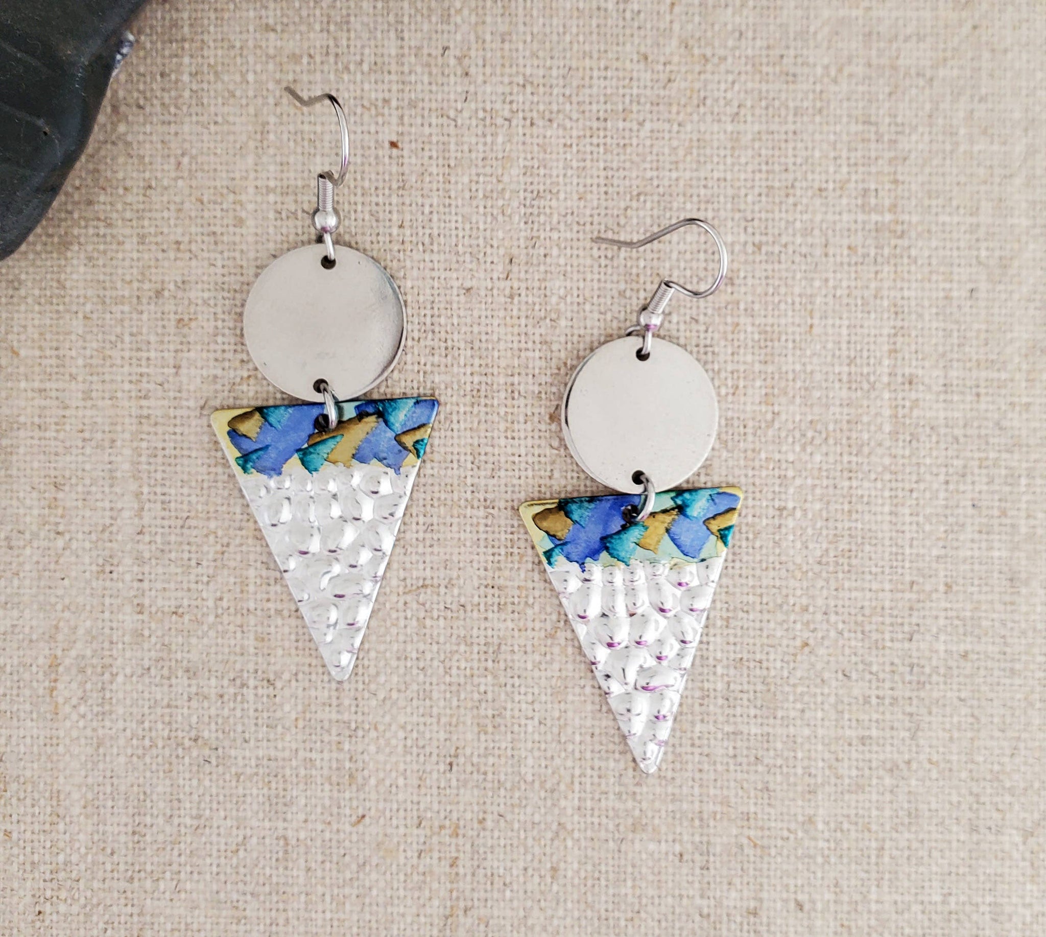Alcohol Ink Stainless Steel Triangle Earrings: Blue/Browns