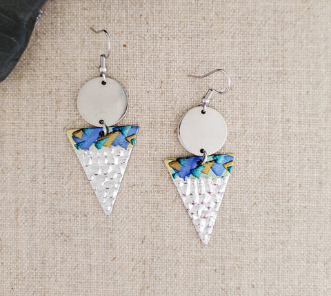 Alcohol Ink Stainless Steel Triangle Earrings: Blue/Browns