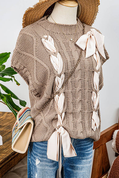 Fashion-W Cable Knit Satin Bowknot Short Sleeve Sweater: Brown / Missy / L