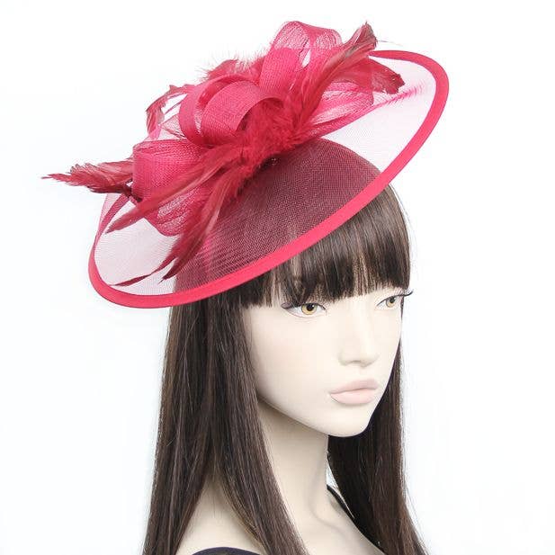 Style Doris. Ruby Red Net And Feather Fascinator