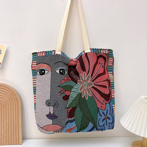 Embroidered Tote Bag with Face