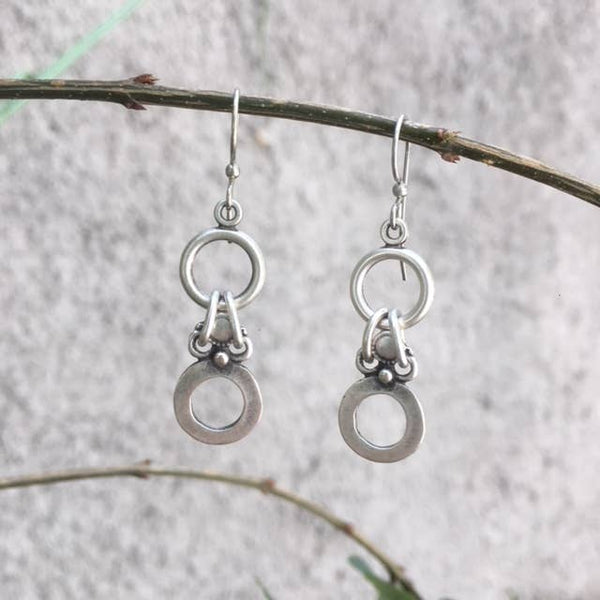 Twin Circle Drop Earrings: Silver Plated