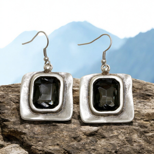 Square Pewter Earrings with Grey Crystals