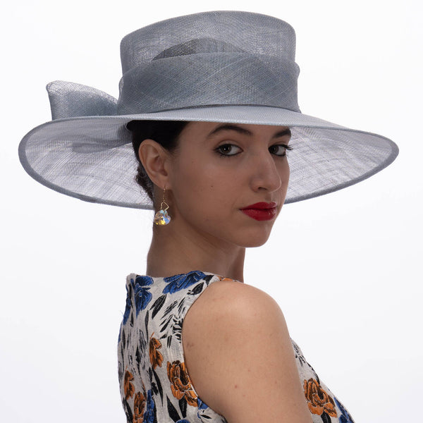Classic Sinamay Downbrim Hat With Sinamay Ribbon bow in back: Silver Blue