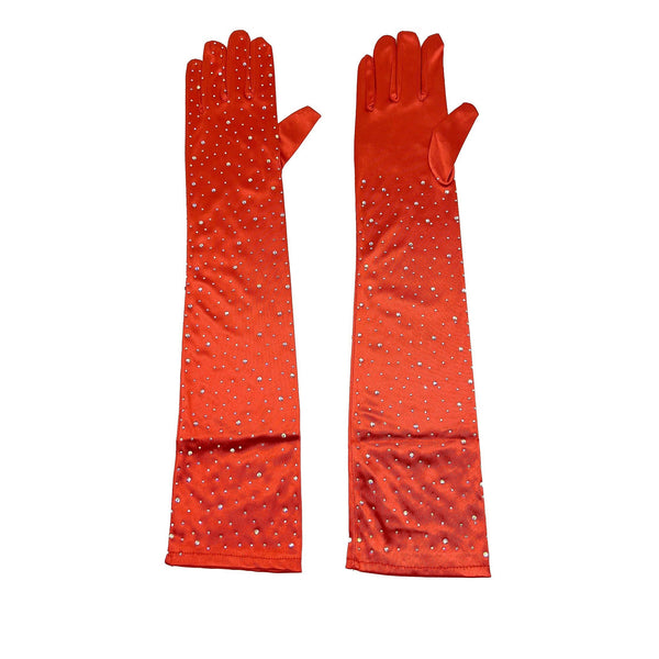 Solid Satin Rhinestone Over Elbow Length Gloves: Black