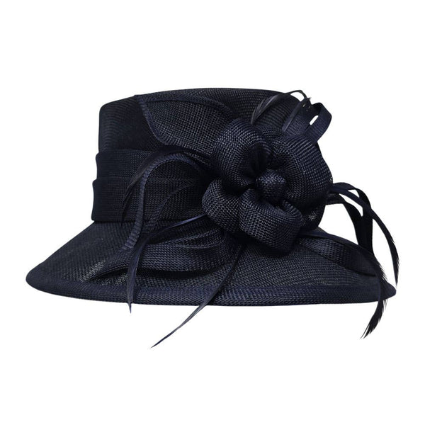 Flower Ribbon Feather Accented Sinamay Dressy Hat: Camel