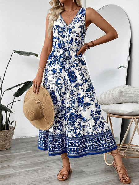 Floral V Neck Sleeveless Maxi Dress: Navy / S