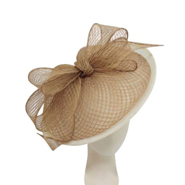 Sinamay Fascinator Base With Large Check Design Sinamay Bow: Denim+Ivory