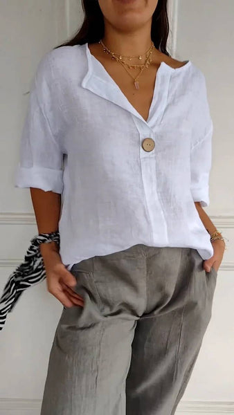 Women's V-neck Button-down T-shirt: Red / L