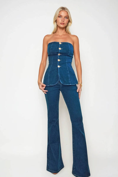 STRAPLESS GOLD BUTTON DENIM PEPLUM TOP W1515TIA MID DEN
: MID DENIM / L