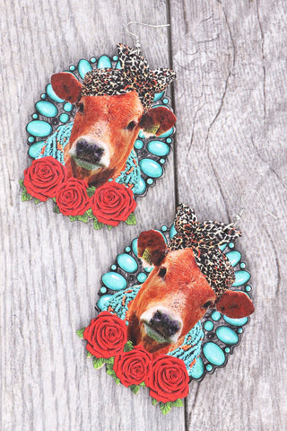 Wooden Floral Cow Western Earrings