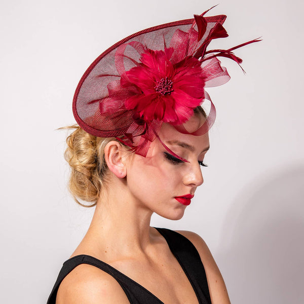 Beaded Pistil Feather Flower w/ Loops Mesh Fascinator: Burgundy