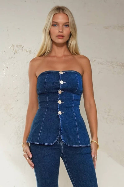STRAPLESS GOLD BUTTON DENIM PEPLUM TOP W1515TIA MID DEN
: MID DENIM / S