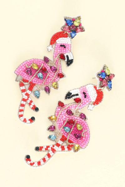 Jeweled Flamingo Christmas Beaded Dangle Earrings