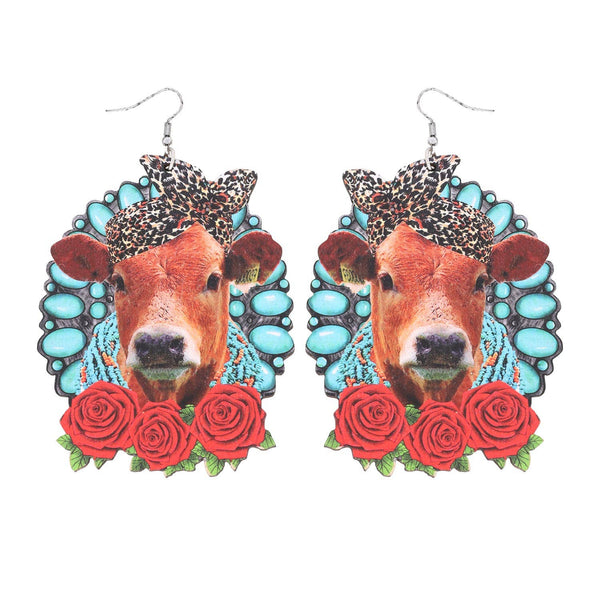 Wooden Floral Cow Western Earrings