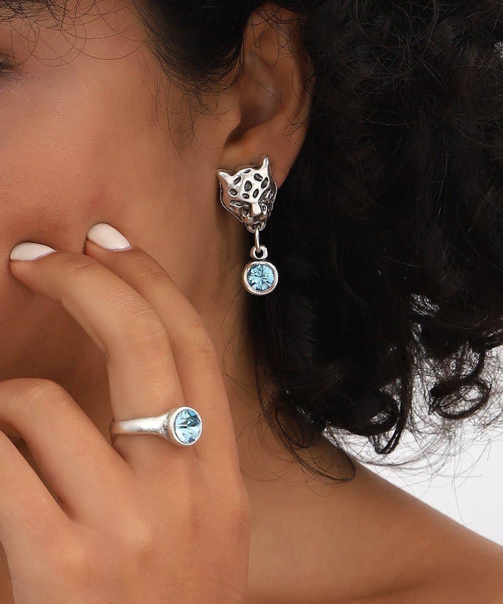 Turquoise Crystal Stone Cat Earrings and Engage Ring Set: Silver / Brass