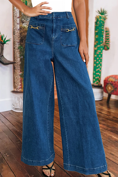 Spring Western Hardware Decor Patched Pockets Denim Pants: Sail Blue / 10
