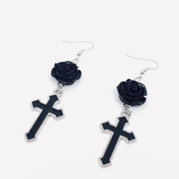 Gothic Black Cross Rose Pendant Earring - GT