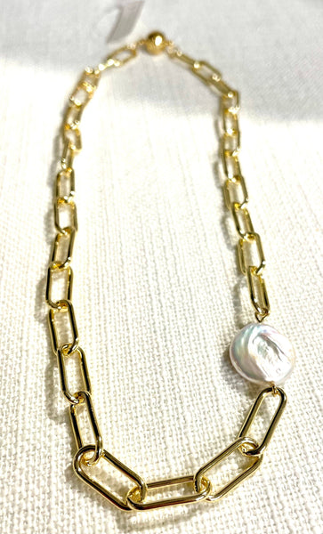 #1118-Single Strand Paperclip Necklace with Coinpearl: Gold