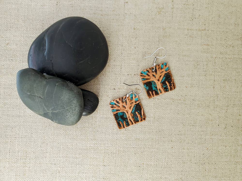 Natural Patina Emboss Small Square Copper Tree Earrings