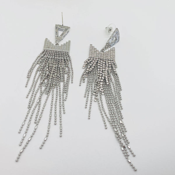 Silver Triangle Rhinestone Tassel Earrings: Silver