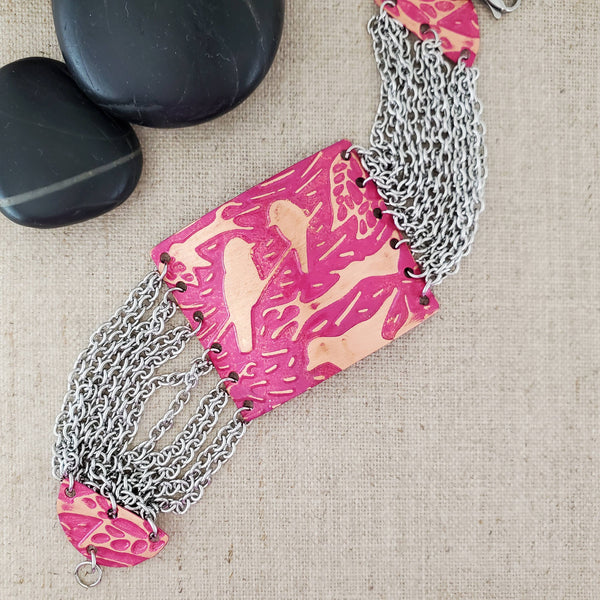 Embossed Bird Paint Patina Multi Chain Copper Bracelet: Navy