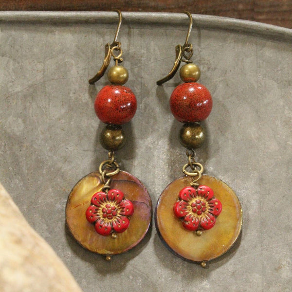 Red Czech Flower Stone Earrings