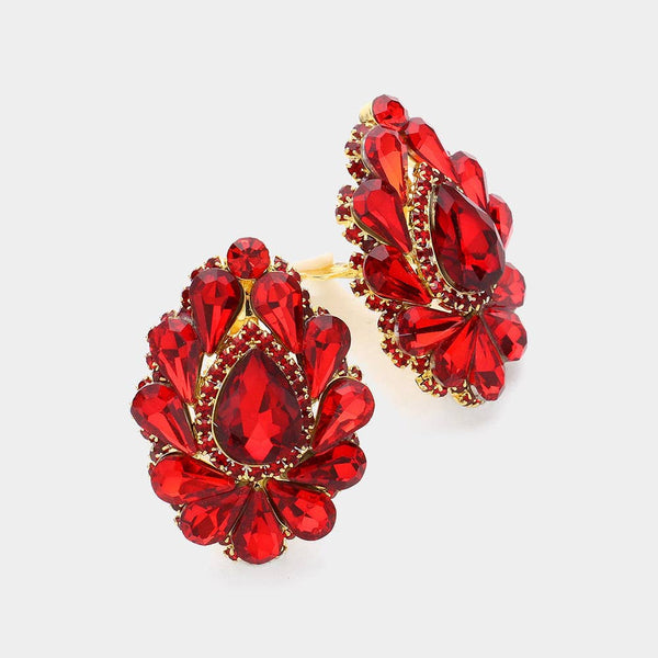 Teardrop Crystal Cluster Clip on Evening Earrings: Royal Blue