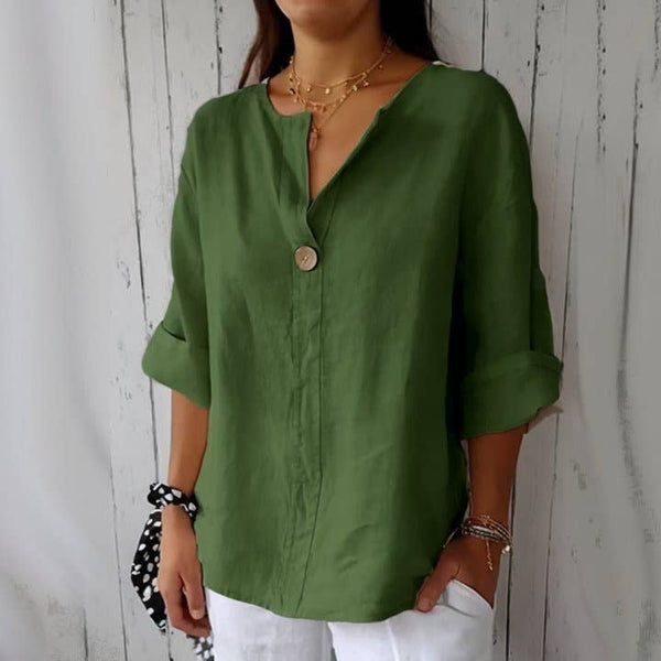Women's V-neck Button-down T-shirt: Red / L