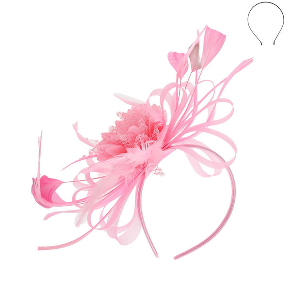 Floral Fascinator Headband w/ Side Loops & Feathers: White