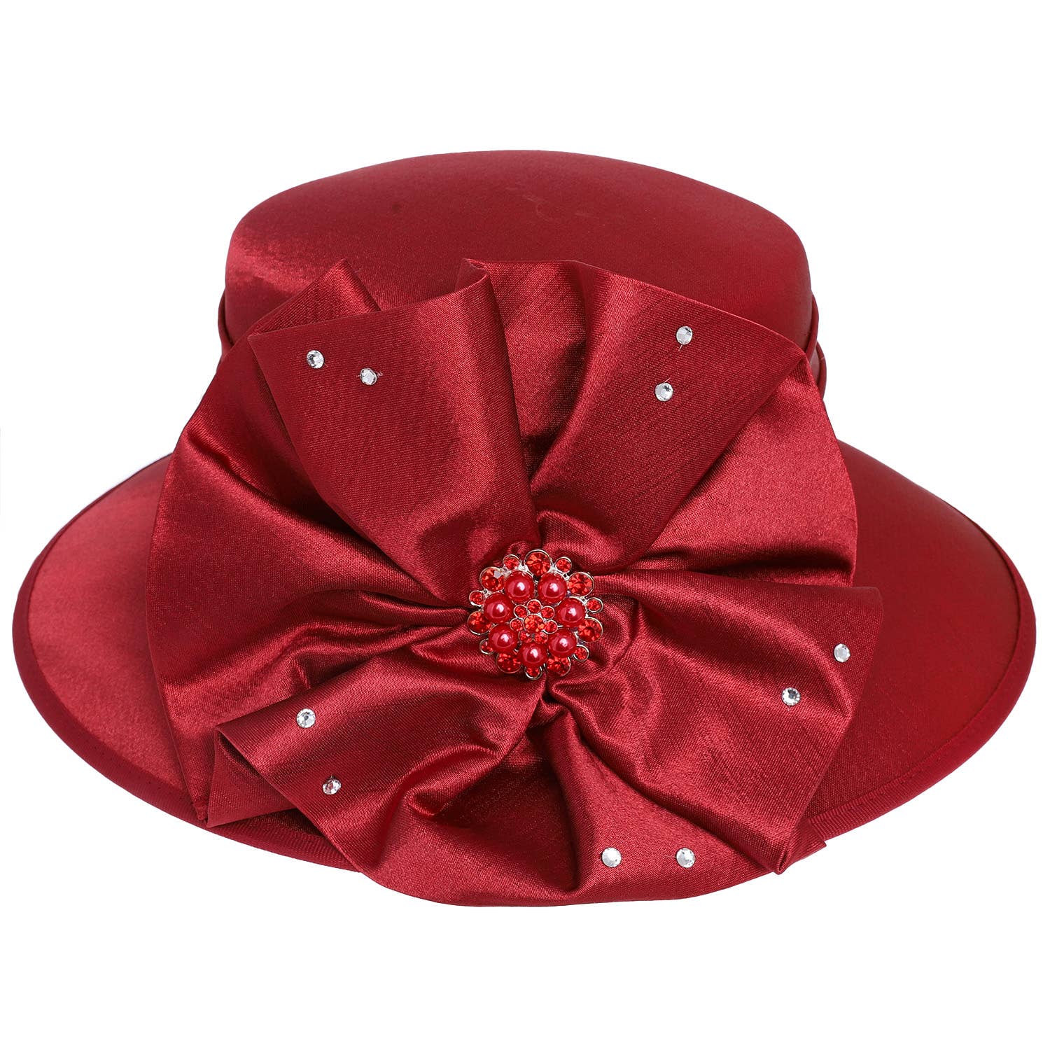 Floral Down Brim Brooch Accent Dressy Braid Hat: Burgundy