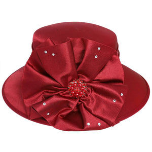Floral Down Brim Brooch Accent Dressy Braid Hat: Burgundy