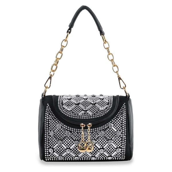 Rhinestone Design Top Flap Petite Handbag: Black