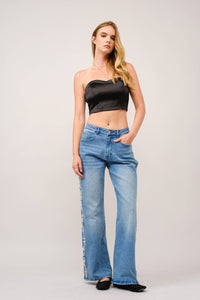 23423P - Pearl Embellished Cut Out Sides Jeans: MED WASH / M