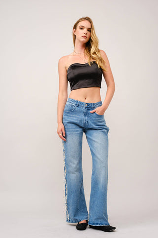 23423P - Pearl Embellished Cut Out Sides Jeans: MED WASH / L