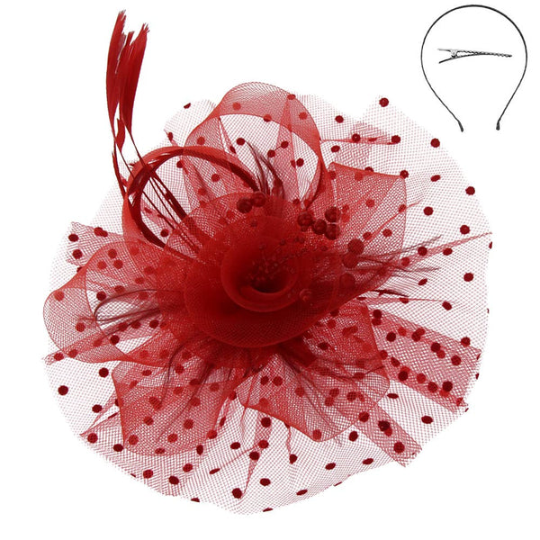 Organza Ribbon Flower Fascinator w/ Feathers & Dotted Mesh: White