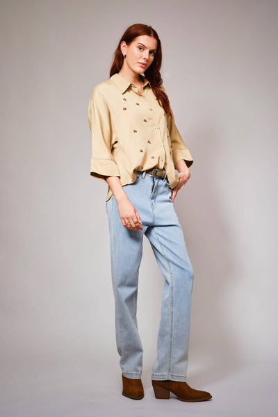 36901T - Hi-Low Pearl Embellished Chambray Top: MED WASH / M