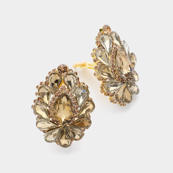 Teardrop Crystal Cluster Clip on Evening Earrings: Royal Blue