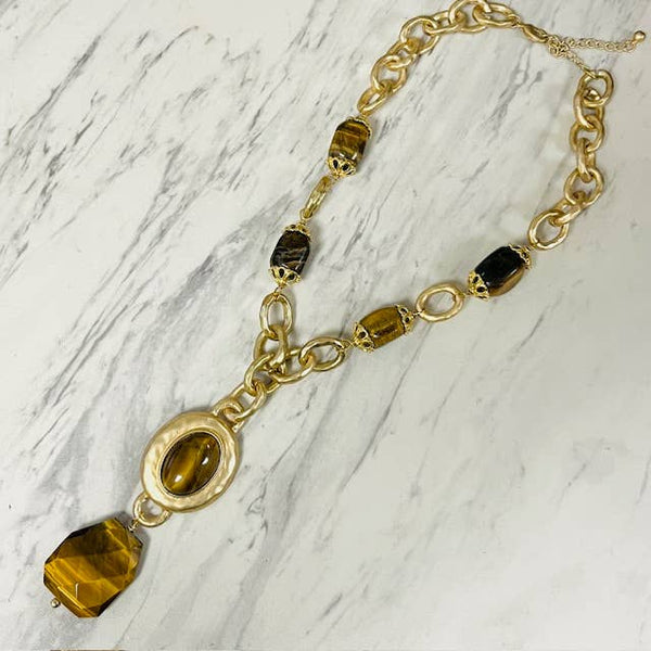 Large Stone Pendant Drop with Stone & Gold Hammered Links: Tiger's Eye